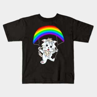 Cartoon Cat with a Rainbow Parachute Kids T-Shirt